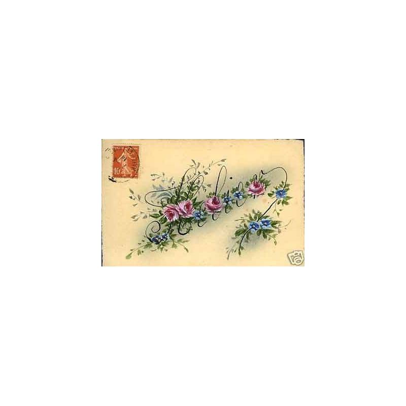Prenom Helier et fleurs sur carte peinte
