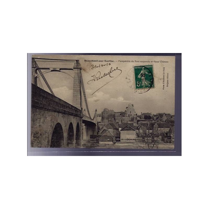 72 - Beaumont-sur-Sarthe - Perspective du Pont suspendu et vieux château - Vo